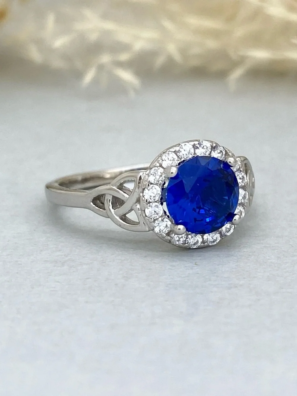 Round Cut Blue Sapphire Celtic Knot 925 Sterling Silver Halo CZ Women’s Ring
